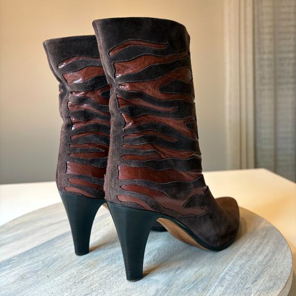 Andrea Pfister Vintage Italy Brown Suede Leather Cutout Flame Boots 38 US 8 - Picture 5 of 9
